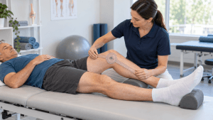 Fizjoterapeutka mierząca ograniczenie wyprostu kolana u pacjenta z przykurczem