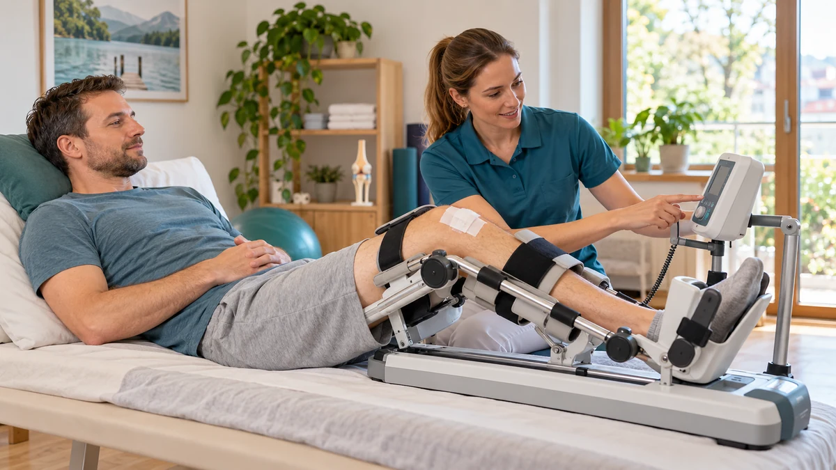 Rehabilitacja po szyciu łąkotki – pacjent korzystający z szyny CPM pod nadzorem fizjoterapeuty